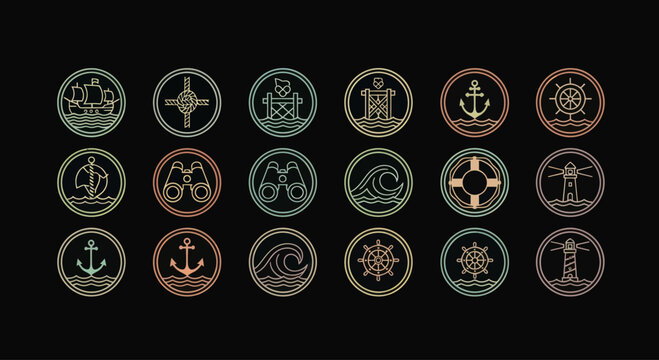 Nautical Icons Set: Anchor, Ship, Compass, Binoculars, Lighthouse, Waves, Lifebuoy