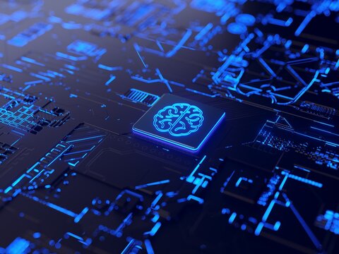 Futuristic circuit board with glowing brain processor