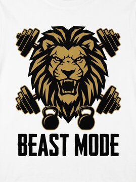 Beast mode flat graphic with fierce animal and weights in black and gold