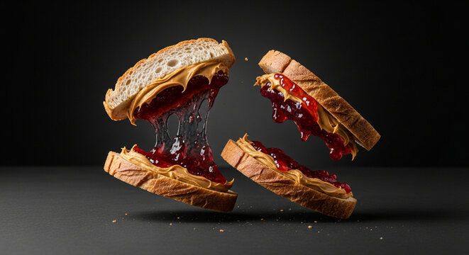 Peanut Butter and Jelly Sandwich Levitation, Fine Art Black and White Floating PB&J Food Photography