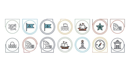 Nautical Icons Set: Compass, Ships, Flags, Lighthouse, Waves, Cliffs, Sunrise, Star © fransiskaaa