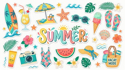 Obraz premium Summer Beach Sticker Set with Tropical Icons, Surfboard, Swimwear, and Vacation Elements for Seasonal Travel Branding and Scrapbooking