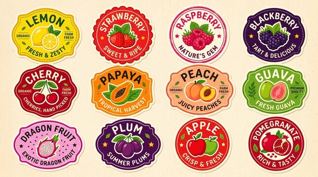  Vintage Fruit Label Set with Organic Lemon, Strawberry, Peach, and Exotic Fruits for Packaging Design, Farmer's Market, and Juice Branding