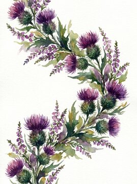 Thistle and heather Scottish border, watercolour illustration in purple and green