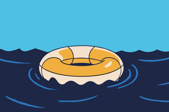 Red and yellow inflatable ring in blue water on a summer day