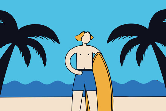 Surfer prepares for a day at the beach during summer with surfboard