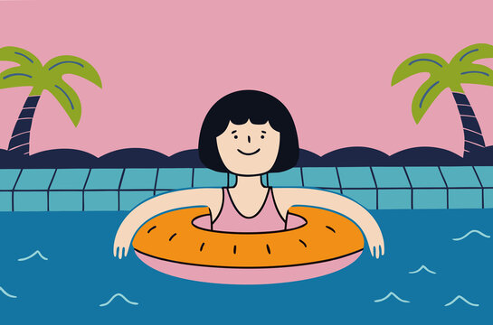 Girl enjoying summer in a pool with a donut float