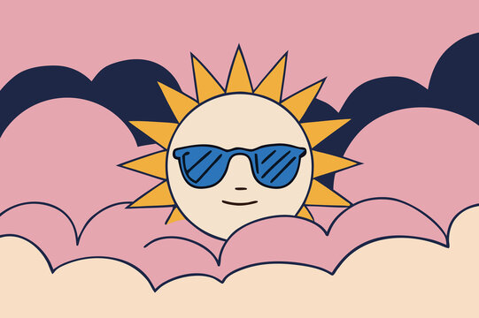 Bright sun wearing sunglasses shines in a blue sky with pink clouds