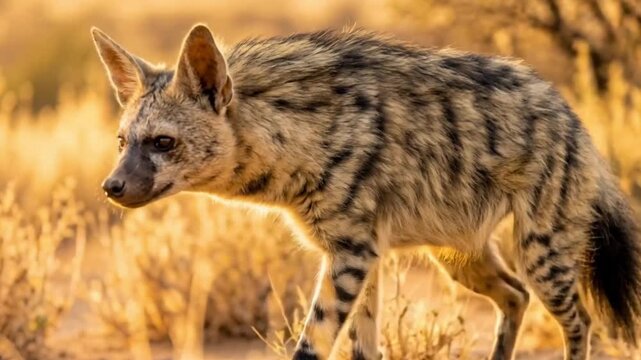 Aardwolf hunting in his habitat at golden light bl