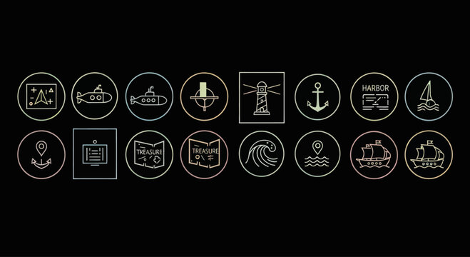 Nautical Icons Set: Lighthouse, Anchor, Ship, Sailboat, Submarine, Waves