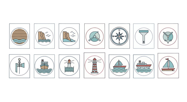 Nautical Icons Set: Lighthouse, Ships, Compass, Coastline, Buoy, Navigation Symbols