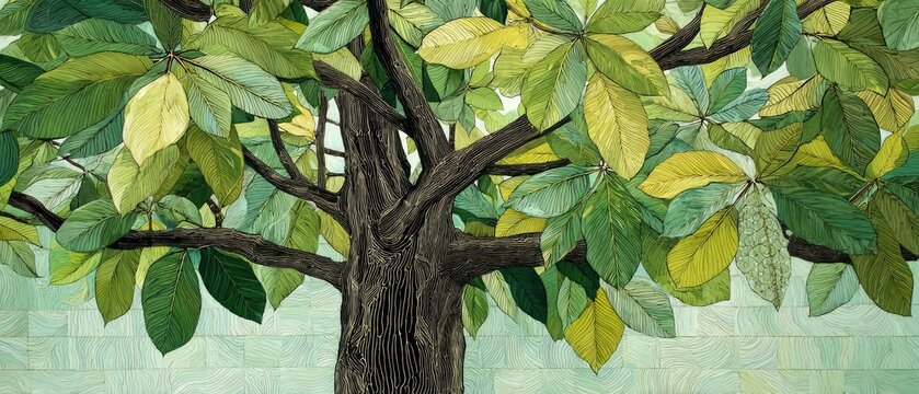 Lush green and yellow leaves create a canopy above a dark tree trunk