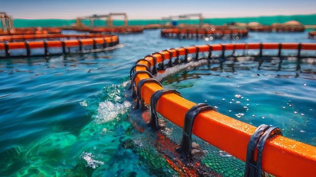 Fish pond, fish farming net cages typically constructed from high density polyethylene (HDPE) pipes for buoyancy and durability.