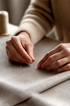 Textile designer pinning fabric on table for garment pattern