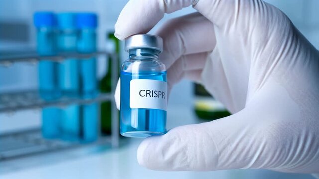 Vial labeled CRISPR held in gloved hand in laboratory setting with blurred equipment in background, suggesting gene editing workflow and clinical research environment with sterile technique and precis