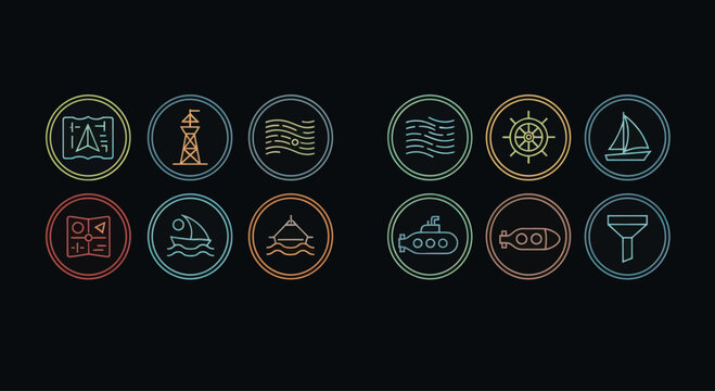 Nautical Icons Set: Navigation, Marine Life, Vessels, and Symbols