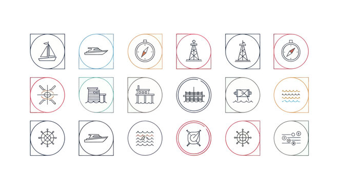 Nautical Icons Set: Sailboat, Yacht, Compass, Lighthouse, Pier, Fisherman, Waves