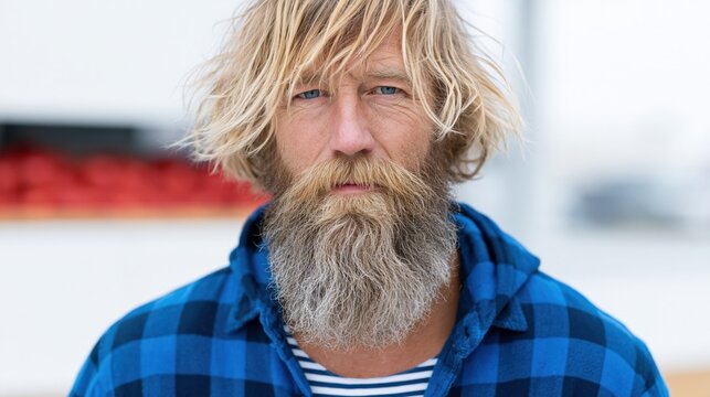 Bearded man with long beard wearing plaid shirt at harbor