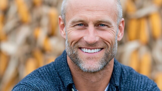 Mature man smiling in front of dried corn background
