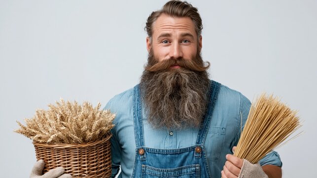 Bearded man holding basket and sheaf of wheat in studio