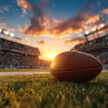 American football on grassy field in stadium at sunset