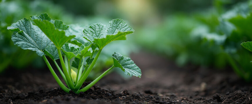 Young zucchini plant growing in soil