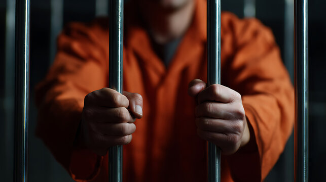 Unidentified individual in orange attire clutches metal bars, symbolic of restriction, confinement, and a sense of solemn isolation within a dark, foreboding setting