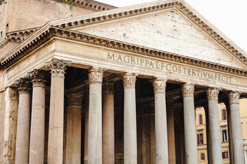 Naklejka premium Front view of the Pantheon in Rome with ancient inscription and Corinthian columns