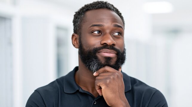 Bearded man thinking while seated in bright office