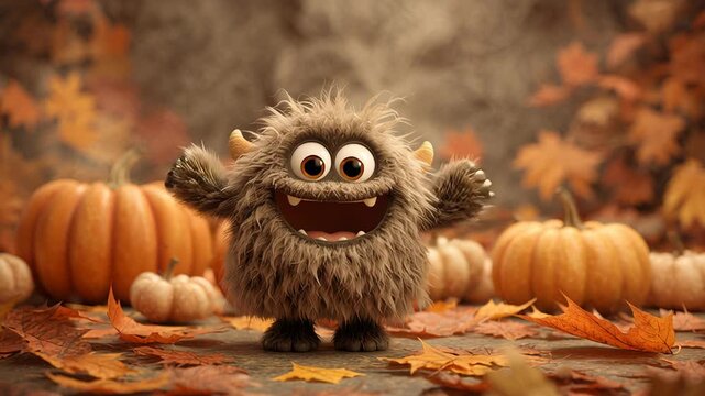 Fuzzy monster in autumn pumpkin patch smiling plush creature surrounded by pumpkins and colorful leaves, oversized eyes and open mouth showing joyful