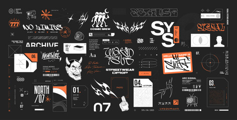 Fototapeta na wymiar Futuristic streetwear graphic assets bundle in cyberpunk & Y2K style. Streetwear vector graphic - HUD, Brutalism, geometric shapes, lettering, labels, typeface for typography, merch, t-shirt. Vector
