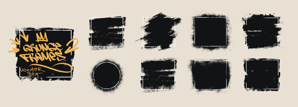 Grunge Brush Frames Vector set on beige background. Dirty artistic paint brush frames, rough ink textures, white outlines for text. Paint splatter strokes with frame and empty space for text. Vector