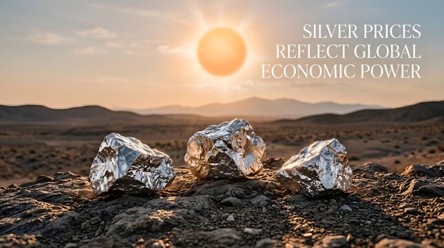 Silver ore chunks on rocky ground at sunrise with financial concept overlay