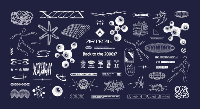 Nostalgic y2k and retrofuturistic trendy graphic design in the style of bitmap and pixel art, abstract geometric shapes, 3D elements, acid streetwear elements. Bitmap Y2K collection. Vector graphic