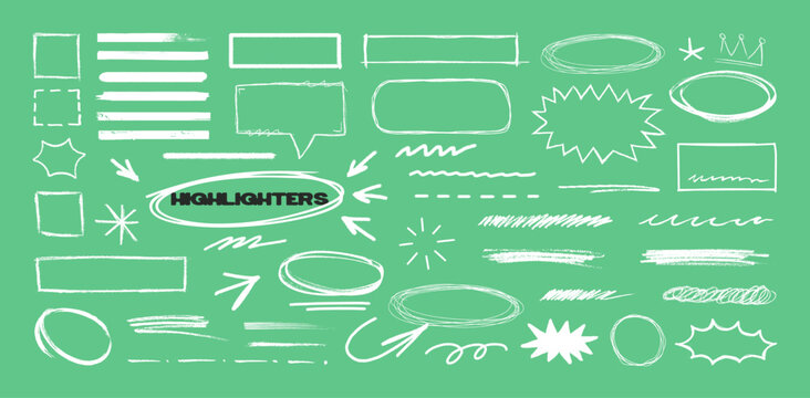Hand Drawn Highlight Doodle Elements. White chalk-style arrows, circles, highlighters, frames, underlines, bursts. Scribble marks on a mint green background for notes, planners  social graphic. Vector