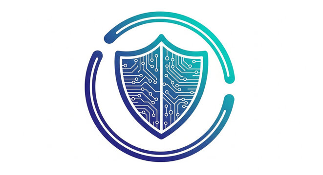 Cyber security shield icon with digital circuit board pattern design