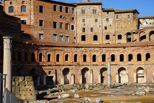 Semicircular facade of Trajan's Market and House of the Knights of Rhodes and Forum of Augustus in Rome, Italy