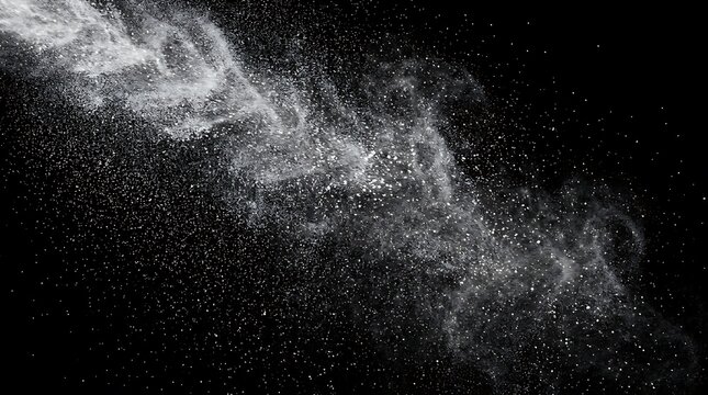 White powder particles exploding and dispersing in dark air space  dynamic motion