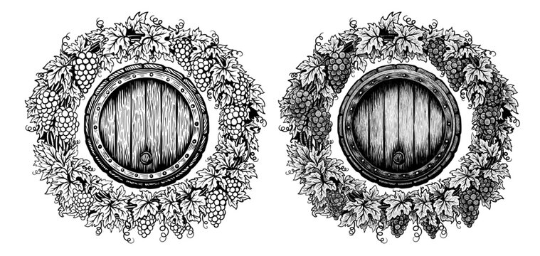 Wine barrel inside grapevine round wreath. Decoration suitable for wine labels, winery branding, distillery, cellar, refinery. Vector illustration in sketch style isolated on white