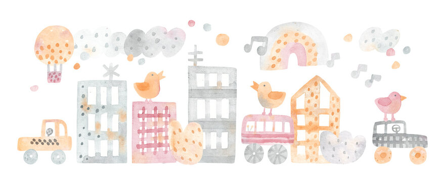 Watercolor city background. Childish illustration with buildings and cars. Design for baby room, poster, card. Watercolor illustration. Baby style.