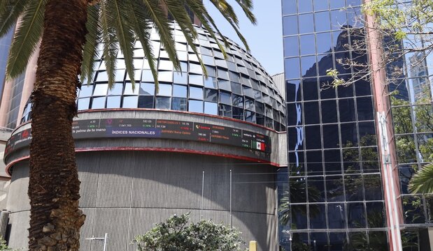 September 20, 2025, Palm tree and the Mexican Stock Exchange building in Mexico City