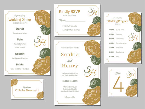 Elegant wedding stationery set invitation RSVP card menu program place card table number floral gold green template