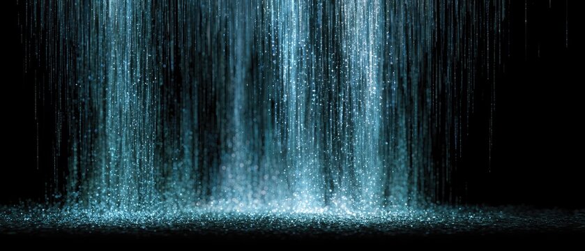 A curtain of luminous blue water cascades downwards into darkness