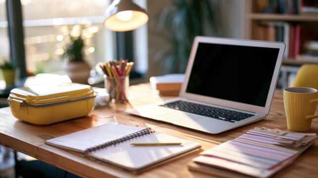 Cozy home desk with laptop notebook, lamp, coffee, freelance writer planning morning notes, warm sunlight, organized stationery, bookshelves, yellow container, natural wood desk, calm productive