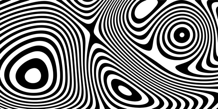 Black and white with wavy lines pattern. Abstract wave of white and black curved lines. Hallucination. Optical illusion. Twisted illustration. Futuristic background of lines. Dynamic wave. Vector.