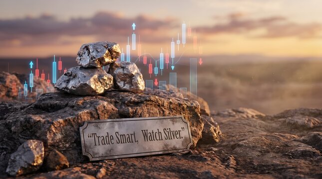 Silver ore on rocky terrain with trading chart background at sunset