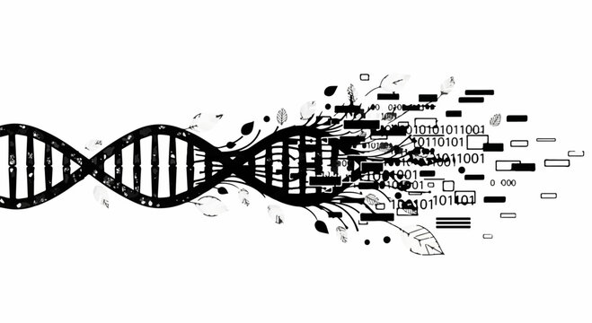 Abstract representation of DNA strand transforming into digital data and binary code.