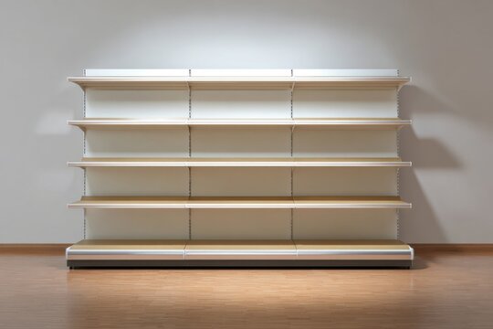 A store shelf stands empty against a plain background, with clean lines showing a simple and organized layout in a retail environment