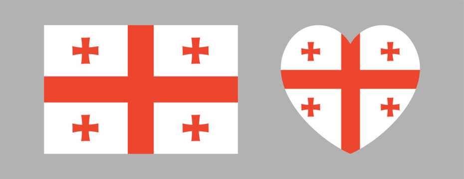 Georgia flag rectangle, heart shape template, icon, sticker. Set of Georgian country flag badge, button. National emblem heart, rectangular banner, background.