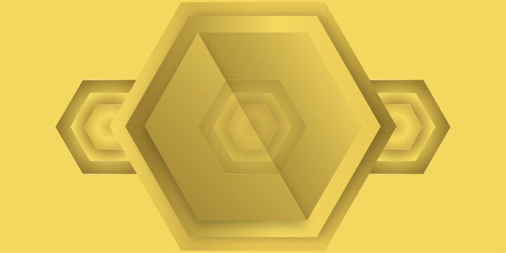 Abstract golden hexagon emblem with 3d layered geometric shapes and luxury matte metallic texture professional award badge on yellow background for corporate branding and game achievement design.